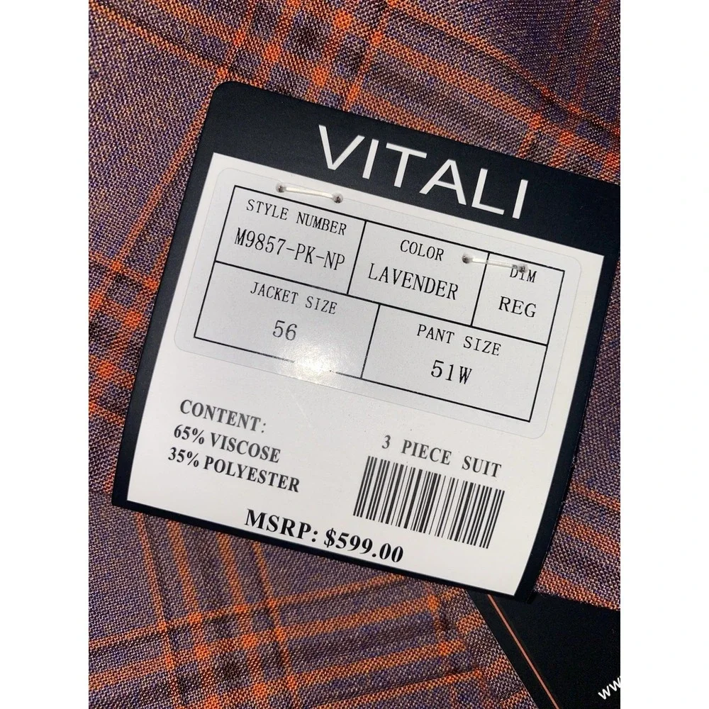 Vitali Men's 3-Piece‎ Suit Modern Fit Denim Lavender Plaid Formal 51W 56 M9857
